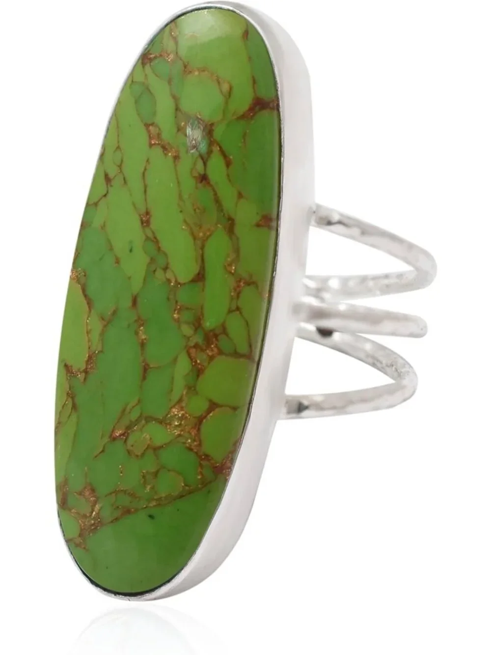 Handmade 925 Sterling Silver Long Oval Statement Ring with Natural Green & Blue